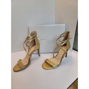 Jessica Simpson Gold Snakeskin Python Print Leather Strappy Heels 7M Ankle Zip
